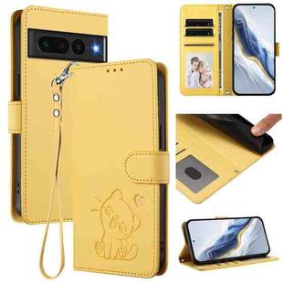 For Google Pixel 7 Pro Embossed Heart Cat Leather Phone Case with Hand Strap(Yellow)