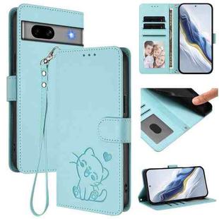 For Google Pixel 7a Embossed Heart Cat Leather Phone Case with Hand Strap(Mint Green)