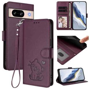 For Google Pixel 8 Embossed Heart Cat Leather Phone Case with Hand Strap(Dark Purple)