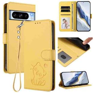 For Google Pixel 8 Pro Embossed Heart Cat Leather Phone Case with Hand Strap(Yellow)