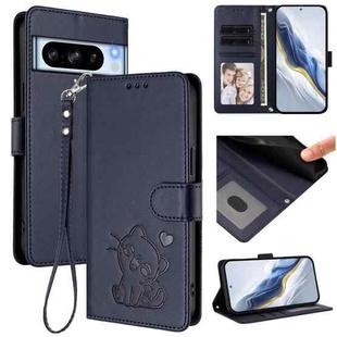 For Google Pixel 8 Pro Embossed Heart Cat Leather Phone Case with Hand Strap(Blue)