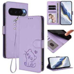 For Google Pixel 10 / 10 Pro / 9 Pro Embossed Heart Cat Leather Phone Case with Hand Strap(Light Purple)