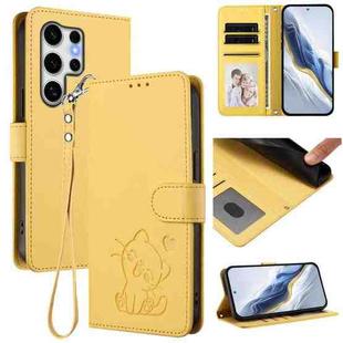 For Samsung Galaxy S25 Ultra 5G Embossed Heart Cat Leather Phone Case with Hand Strap(Yellow)