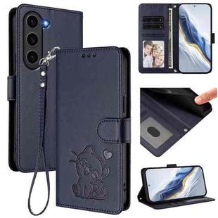 For Samsung Galaxy S23+ 5G Embossed Heart Cat Leather Phone Case with Hand Strap(Blue)