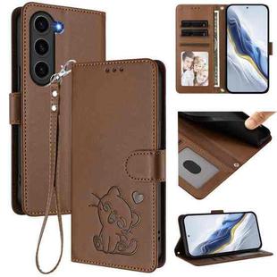 For Samsung Galaxy S23+ 5G Embossed Heart Cat Leather Phone Case with Hand Strap(Brown)