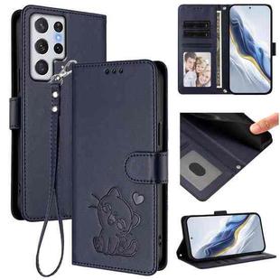 For Samsung Galaxy S22 Ultra 5G Embossed Heart Cat Leather Phone Case with Hand Strap(Blue)