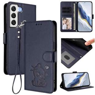 For Samsung Galaxy S22+ 5G Embossed Heart Cat Leather Phone Case with Hand Strap(Blue)