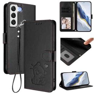 For Samsung Galaxy S21+ 5G Embossed Heart Cat Leather Phone Case with Hand Strap(Black)