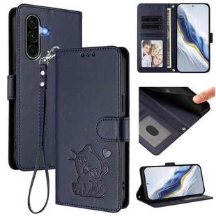 For Samsung Galaxy A56 / A36 5G Embossed Heart Cat Leather Phone Case with Hand Strap(Blue)