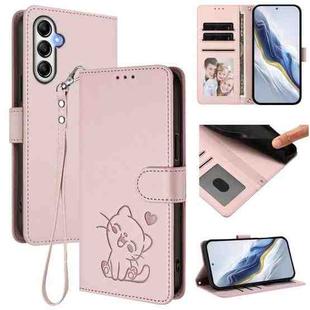For Samsung Galaxy A25 5G Global Embossed Heart Cat Leather Phone Case with Hand Strap(Pink)