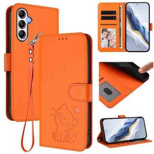 For Samsung Galaxy A24 4G Embossed Heart Cat Leather Phone Case with Hand Strap(Orange)
