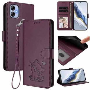 For Samsung Galaxy A04e 4G / F04 Embossed Heart Cat Leather Phone Case with Hand Strap(Dark Purple)