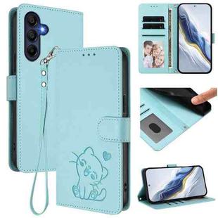 For Samsung Galaxy A16 4G / 5G Embossed Heart Cat Leather Phone Case with Hand Strap(Mint Green)