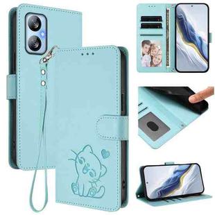 For Blackview A52 / A52 Pro Embossed Heart Cat Leather Phone Case with Hand Strap(Mint Green)