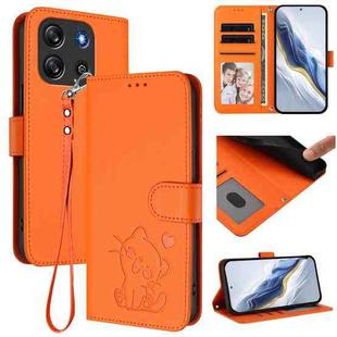 For Blackview Oscal Flat 1C Embossed Heart Cat Leather Phone Case with Hand Strap(Orange)