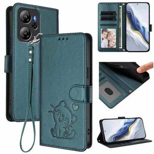 For Blackview Oscal Tiger 13 Embossed Heart Cat Leather Phone Case with Strap(Dark Green)