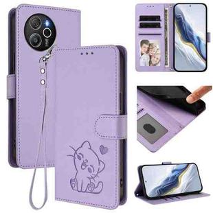 For Blackview Shark 8 / Oscal Tiger 12 Embossed Heart Cat Leather Phone Case with Hand Strap(Light Purple)
