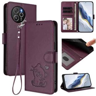 For Blackview Shark 8 / Oscal Tiger 12 Embossed Heart Cat Leather Phone Case with Hand Strap(Dark Purple)