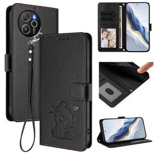 For Blackview Shark 8 / Oscal Tiger 12 Embossed Heart Cat Leather Phone Case with Hand Strap(Black)