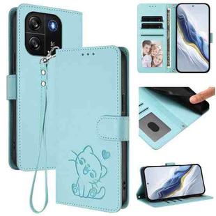 For Blackview Wave 6C Embossed Heart Cat Leather Phone Case with Hand Strap(Mint Green)