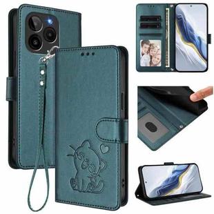 For BLU G54 Embossed Heart Cat Leather Phone Case with Hand Strap(Dark Green)