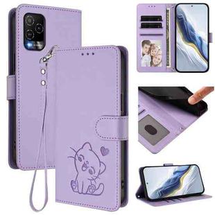 For BLU View 5 Pro Embossed Heart Cat Leather Phone Case with Hand Strap(Light Purple)