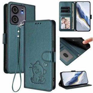 For BLU View 5 Embossed Heart Cat Leather Phone Case with Strap(Dark Green)