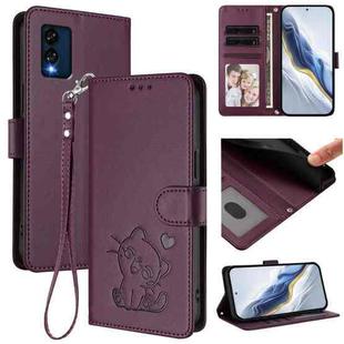 For BLU View Speed 5G B1550VL Embossed Heart Cat Leather Phone Case with Hand Strap(Dark Purple)