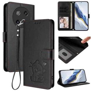 For Coolpad C16 Embossed Heart Cat Leather Phone Case with Hand Strap(Black)