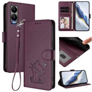 For Cricket Debut S3 Embossed Heart Cat Leather Phone Case with Hand Strap(Dark Purple)