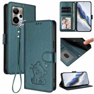 For Cricket Outlast 5G 2024 Embossed Heart Cat Leather Phone Case with Hand Strap(Dark Green)
