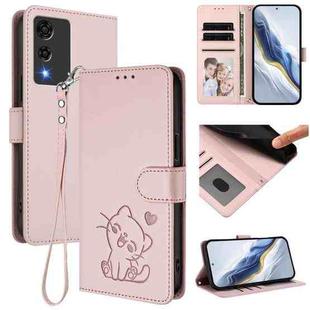 For Cubot A10 Embossed Heart Cat Leather Phone Case with Hand Strap(Pink)