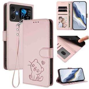 For Cubot A20 Embossed Heart Cat Leather Phone Case with Hand Strap(Pink)