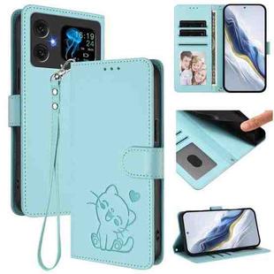 For Cubot A20 Embossed Heart Cat Leather Phone Case with Hand Strap(Mint Green)
