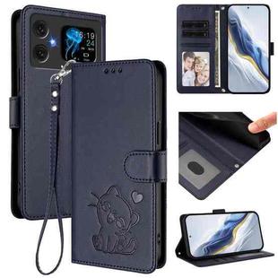 For Cubot A20 Embossed Heart Cat Leather Phone Case with Hand Strap(Blue)