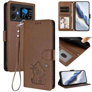 For Cubot A20 Embossed Heart Cat Leather Phone Case with Hand Strap(Brown)