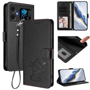 For Cubot A20 Embossed Heart Cat Leather Phone Case with Hand Strap(Black)