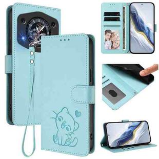 For Cubot A30 Embossed Heart Cat Leather Phone Case with Hand Strap(Mint Green)