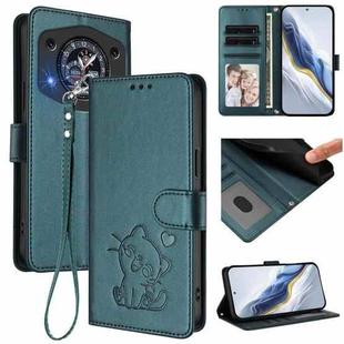 For Cubot A30 Embossed Heart Cat Leather Phone Case with Hand Strap(Dark Green)