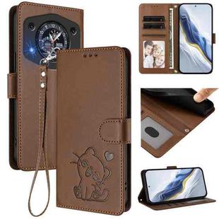 For Cubot A30 Embossed Heart Cat Leather Phone Case with Hand Strap(Brown)