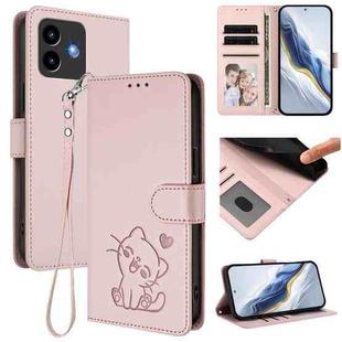 For Cubot Note 40 Embossed Heart Cat Leather Phone Case with Hand Strap(Pink)