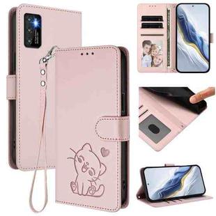 For Cubot P50 Embossed Heart Cat Leather Phone Case with Hand Strap(Pink)