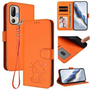 For HTC U24 Pro Embossed Heart Cat Leather Phone Case with Hand Strap(Orange)