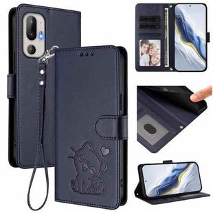 For HTC U24 Pro Embossed Heart Cat Leather Phone Case with Hand Strap(Blue)
