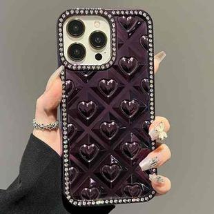 For iPhone 15 Pro Electroplated Heart 3D Embossed Diamond TPU Phone Case(Purple)