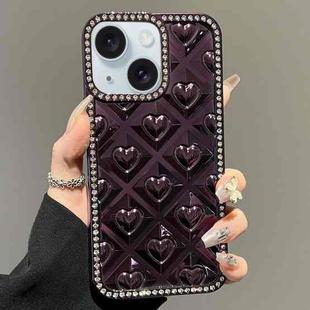 For iPhone 15 Plus Electroplated Heart 3D Embossed Diamond TPU Phone Case(Purple)