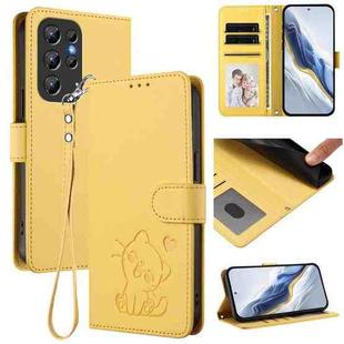 For Oukitel C1 / C1 Pro Embossed Heart Cat Leather Phone Case with Hand Strap(Yellow)