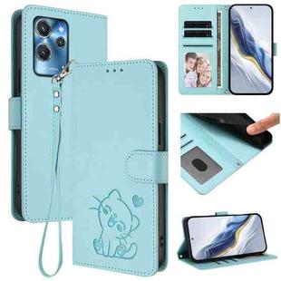 For Oukitel C32 Embossed Heart Cat Leather Phone Case with Hand Strap(Mint Green)