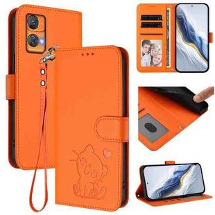For Oukitel C33 Embossed Heart Cat Leather Phone Case with Hand Strap(Orange)