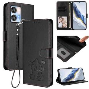 For Oukitel C35 Embossed Heart Cat Leather Phone Case with Hand Strap(Black)